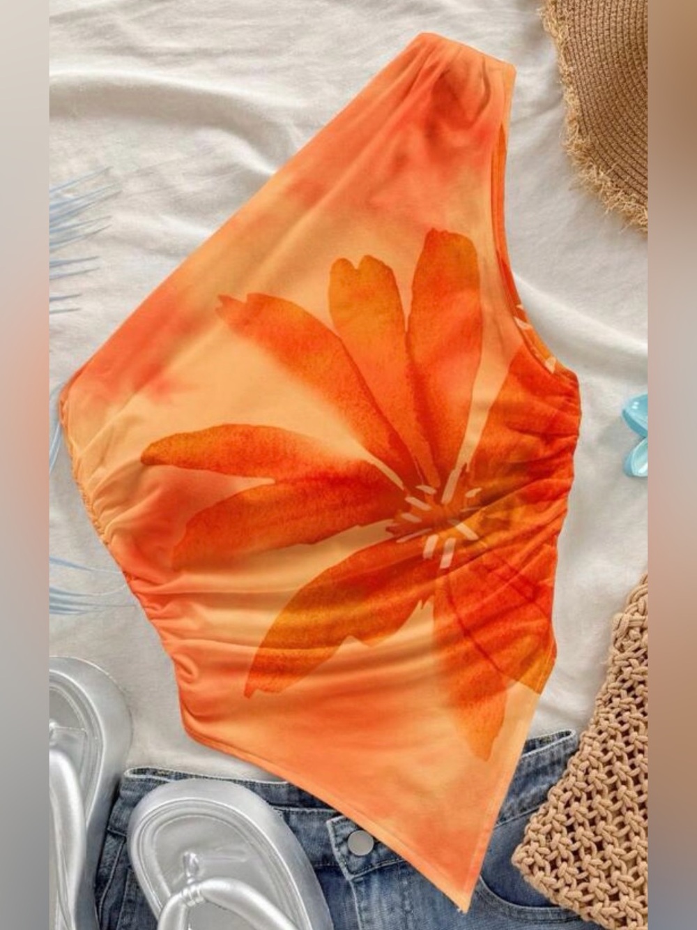 Women's One-Shoulder Orange Floral Top